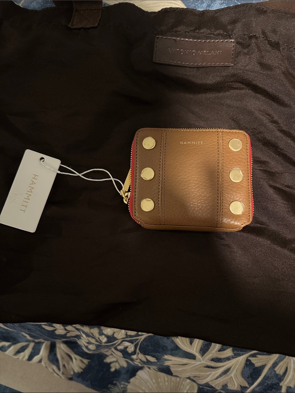 Hammitt Chestnut Leather Zip Card Case with Gold Studs and Red Zip